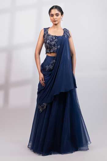 Shop_Smriti By Anju Agarwal_Navy Organza Square Neck Eclipse Fall Applique Embroidered Blouse Lehenga Set _Online_at_Aza_Fashions