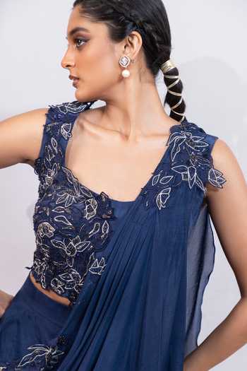 Smriti By Anju Agarwal_Navy Organza Square Neck Eclipse Fall Applique Embroidered Blouse Lehenga Set _at_Aza_Fashions