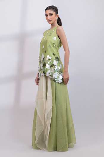 Smriti By Anju Agarwal Green Silk, Organza Round Neck Dew Drift Embellished Top And Skirt Set Online at Aza Fashions Smriti By Anju Agarwal_Green Silk, Organza Round Neck Dew Drift Embellished Top And Skirt Set _Online_at_Aza_Fashions