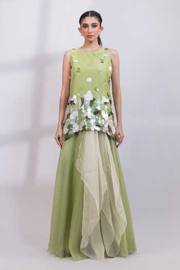 Buy Smriti By Anju Agarwal Green Silk, Organza Round Neck Dew Drift Embellished Top And Skirt Set Online at Aza Fashions Buy_Smriti By Anju Agarwal_Green Silk, Organza Round Neck Dew Drift Embellished Top And Skirt Set _Online_at_Aza_Fashions