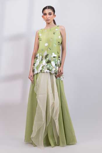 Shop Smriti By Anju Agarwal Green Silk, Organza Round Neck Dew Drift Embellished Top And Skirt Set Online at Aza Fashions Shop_Smriti By Anju Agarwal_Green Silk, Organza Round Neck Dew Drift Embellished Top And Skirt Set _Online_at_Aza_Fashions