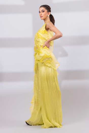 Smriti By Anju Agarwal_Lime Organza, Chinon Round Neck Neon Bloom Layered Overlay And Pant Set _Online_at_Aza_Fashions