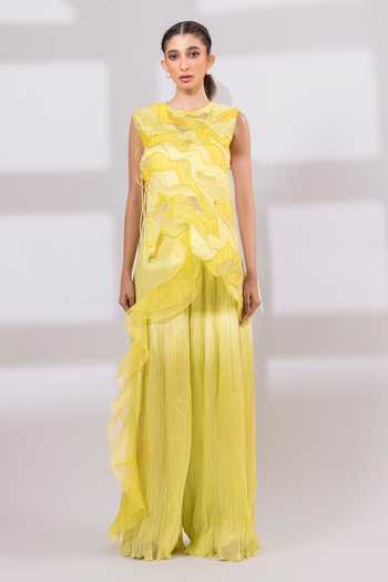 Shop_Smriti By Anju Agarwal_Lime Organza, Chinon Round Neck Neon Bloom Layered Overlay And Pant Set _Online_at_Aza_Fashions