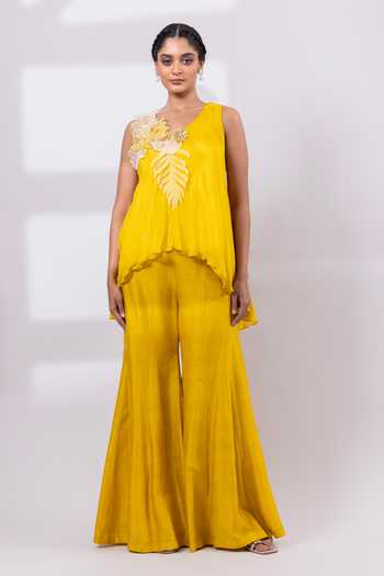 Smriti By Anju Agarwal Mustard Silk, Chinon Asymmetric Neck Marigold Drift Top And Pant Set Online at Aza Fashions Smriti By Anju Agarwal_Mustard Silk, Chinon Asymmetric Neck Marigold Drift Top And Pant Set _Online_at_Aza_Fashions