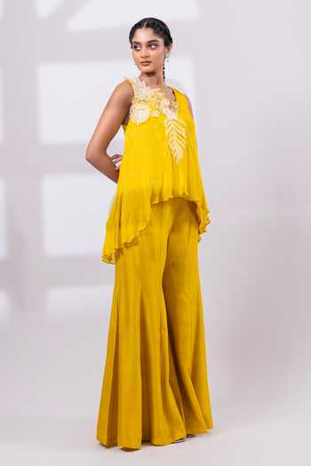 Shop Smriti By Anju Agarwal Mustard Silk, Chinon Asymmetric Neck Marigold Drift Top And Pant Set Online at Aza Fashions Shop_Smriti By Anju Agarwal_Mustard Silk, Chinon Asymmetric Neck Marigold Drift Top And Pant Set _Online_at_Aza_Fashions