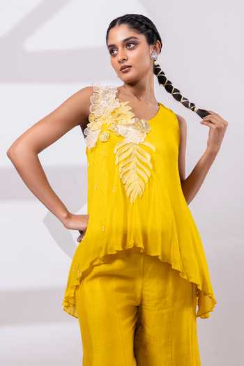 Smriti By Anju Agarwal Mustard Silk, Chinon Asymmetric Neck Marigold Drift Top And Pant Set at Aza Fashions Smriti By Anju Agarwal_Mustard Silk, Chinon Asymmetric Neck Marigold Drift Top And Pant Set _at_Aza_Fashions