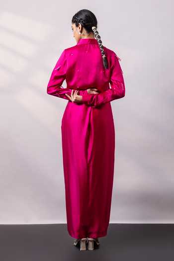Smriti By Anju Agarwal Fuschia Knot Satin Shirt & Skirt Set
