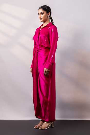 Smriti By Anju Agarwal_Fuchsia Satin Collared Neck Fuschia Knot Shirt And Skirt Set _Online_at_Aza_Fashions