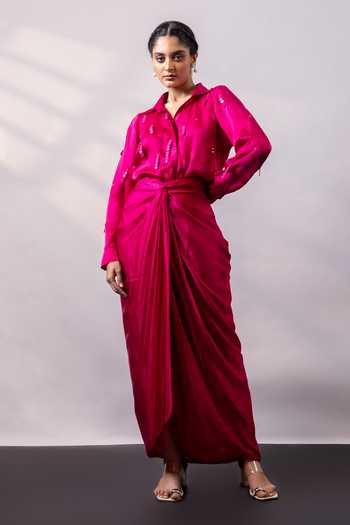 Smriti By Anju Agarwal Fuschia Knot Satin Shirt & Skirt Set