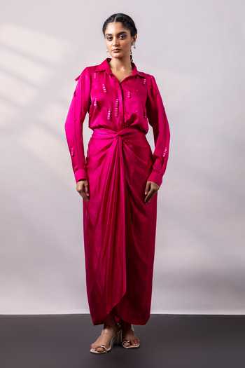 Buy_Smriti By Anju Agarwal_Fuchsia Satin Collared Neck Fuschia Knot Shirt And Skirt Set _Online_at_Aza_Fashions