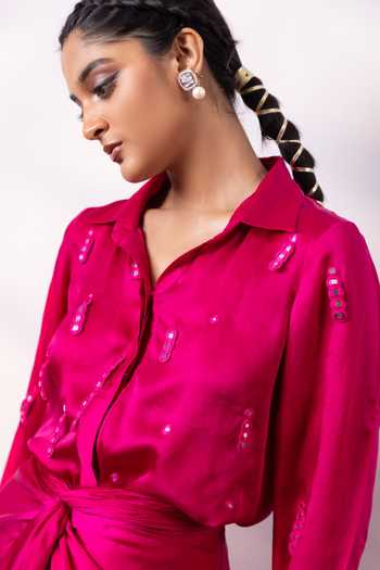 Shop_Smriti By Anju Agarwal_Fuchsia Satin Collared Neck Fuschia Knot Shirt And Skirt Set _Online_at_Aza_Fashions