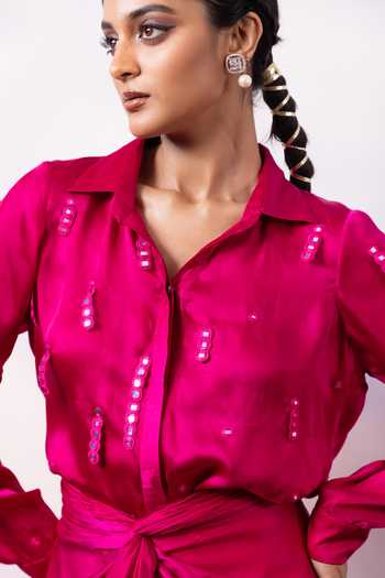 Smriti By Anju Agarwal_Fuchsia Satin Collared Neck Fuschia Knot Shirt And Skirt Set _at_Aza_Fashions