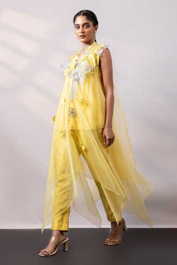 Smriti By Anju Agarwal_Yellow Silk, Organza Tassels, Applique, Fabric Solar Blossom Overlay And Pant Set _at_Aza_Fashions