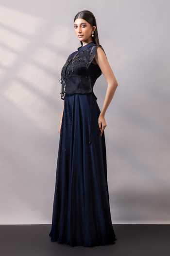 Shop_Smriti By Anju Agarwal_Blue Organza, Chinon Round Neck Night Garden Embellished Cape With Jumpsuit _Online_at_Aza_Fashions
