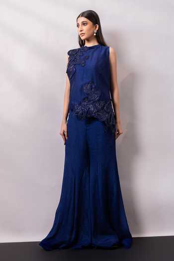 Smriti By Anju Agarwal Sapphire Silk, Chinon Halter Neck, Indigo Lustre Embellished Top With Pant Online at Aza Fashions Smriti By Anju Agarwal_Sapphire Silk, Chinon Halter Neck, Indigo Lustre Embellished Top With Pant _Online_at_Aza_Fashions