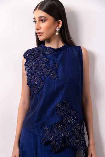 Smriti By Anju Agarwal Sapphire Silk, Chinon Halter Neck, Indigo Lustre Embellished Top With Pant at Aza Fashions Smriti By Anju Agarwal_Sapphire Silk, Chinon Halter Neck, Indigo Lustre Embellished Top With Pant _at_Aza_Fashions