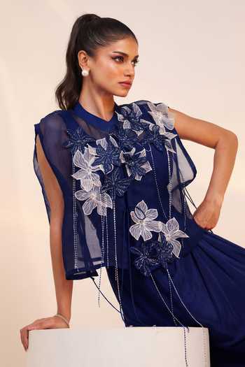 Shop_Smriti By Anju Agarwal_Navy Organza, Chinon Collared Neck Petal String Embellished Jacket With Gown _Online_at_Aza_Fashions
