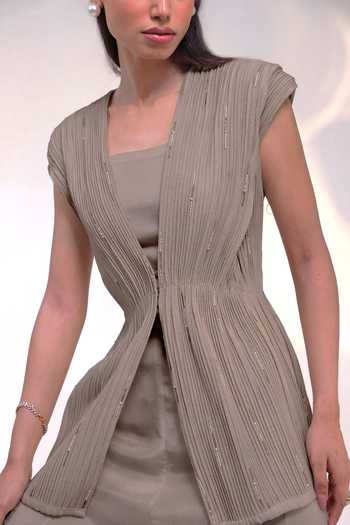 Buy Smriti By Anju Agarwal Beige Silk, Chinon Beads V-neck Stellar Pleated Overlay And Pant Set Online at Aza Fashions Buy_Smriti By Anju Agarwal_Beige Silk, Chinon Beads V-neck Stellar Pleated Overlay And Pant Set _Online_at_Aza_Fashions