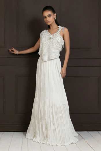 Smriti By Anju Agarwal_White Silk, Chiffon One Shoulder Ivory Petalia Beaded Blouse With Lehenga _Online_at_Aza_Fashions