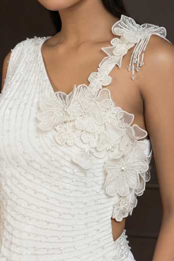 Shop_Smriti By Anju Agarwal_White Silk, Chiffon One Shoulder Ivory Petalia Beaded Blouse With Lehenga _Online_at_Aza_Fashions