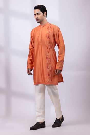 Buy_Smriti By Anju Agarwal_Orange Chanderi Silk Kesar Wave Embroidered Kurta Set _Online_at_Aza_Fashions