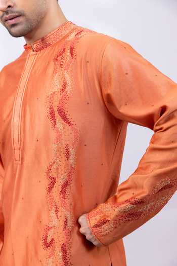 Shop_Smriti By Anju Agarwal_Orange Chanderi Silk Kesar Wave Embroidered Kurta Set _Online_at_Aza_Fashions
