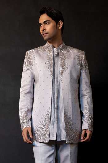 Buy_Smriti By Anju Agarwal_Silver Chanderi Silk Line Embroidered Kurta And Pant Set _Online_at_Aza_Fashions