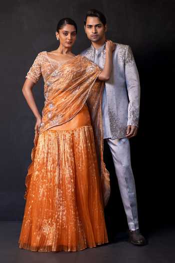Smriti By Anju Agarwal_Silver Chanderi Silk Line Embroidered Kurta And Pant Set _at_Aza_Fashions