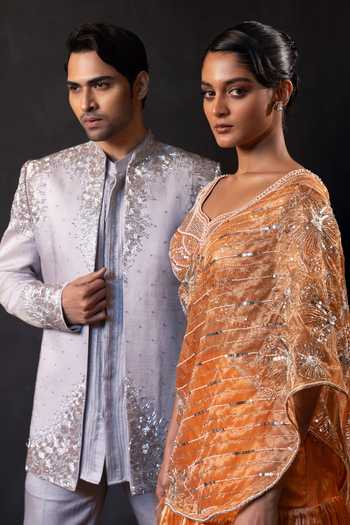 Buy_Smriti By Anju Agarwal_Silver Chanderi Silk Line Embroidered Kurta And Pant Set 