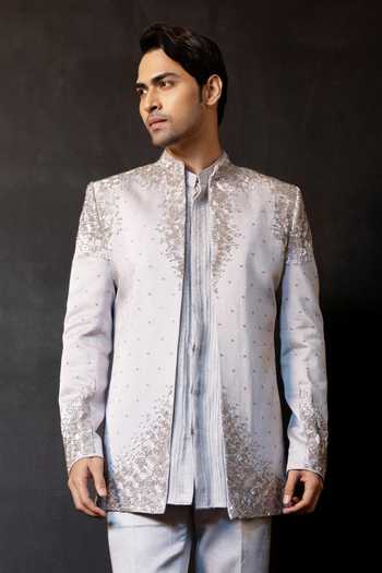 Buy Smriti By Anju Agarwal Silver Satin, Linen Embroidery, Beads Onyx Reign Bandhgala Set Online at Aza Fashions Buy_Smriti By Anju Agarwal_Silver Satin, Linen Embroidery, Beads Onyx Reign Bandhgala Set _Online_at_Aza_Fashions