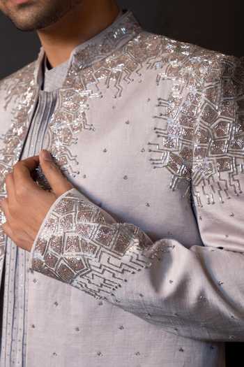 Smriti By Anju Agarwal Silver Satin, Linen Embroidery, Beads Onyx Reign Bandhgala Set at Aza Fashions Smriti By Anju Agarwal_Silver Satin, Linen Embroidery, Beads Onyx Reign Bandhgala Set _at_Aza_Fashions