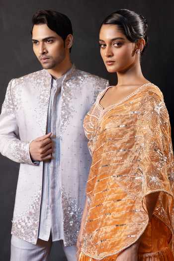 Buy Smriti By Anju Agarwal Silver Satin, Linen Embroidery, Beads Onyx Reign Bandhgala Set Buy_Smriti By Anju Agarwal_Silver Satin, Linen Embroidery, Beads Onyx Reign Bandhgala Set
