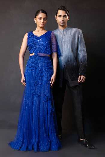 Buy Smriti By Anju Agarwal Black Satin, Linen Sequins Smoke Emperor Ombre Bandhgala And Pant Set Buy_Smriti By Anju Agarwal_Black Satin, Linen Sequins Smoke Emperor Ombre Bandhgala And Pant Set