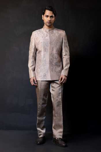 Buy_Smriti By Anju Agarwal_Beige Satin, Linen Sequins Champagne Grid Embroidered Bandhgala Set _Online_at_Aza_Fashions