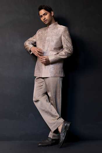 Smriti By Anju Agarwal Champagne Grid Embroidered Bandhgala Set 