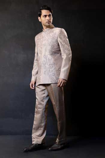 Shop_Smriti By Anju Agarwal_Beige Satin, Linen Sequins Champagne Grid Embroidered Bandhgala Set _Online_at_Aza_Fashions