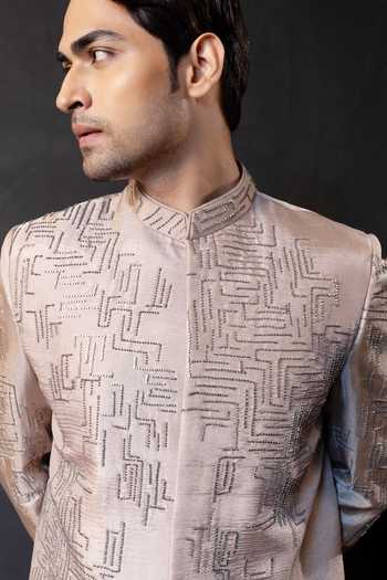 Smriti By Anju Agarwal_Beige Satin, Linen Sequins Champagne Grid Embroidered Bandhgala Set _at_Aza_Fashions