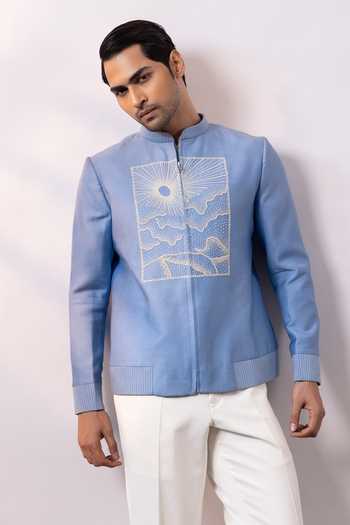 Smriti By Anju Agarwal Blue Satin, Linen Sky Emblem Bomber Jacket And Pant Set Online at Aza Fashions Smriti By Anju Agarwal_Blue Satin, Linen Sky Emblem Bomber Jacket And Pant Set _Online_at_Aza_Fashions
