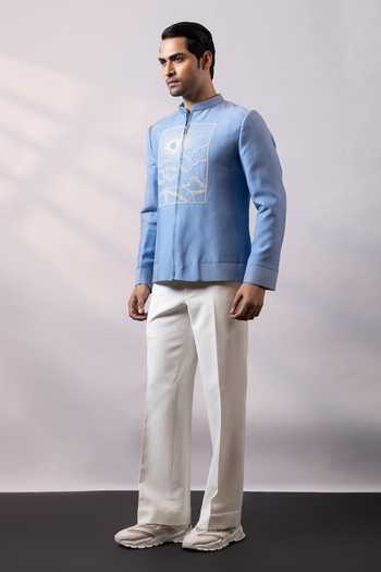 Buy Smriti By Anju Agarwal Blue Satin, Linen Sky Emblem Bomber Jacket And Pant Set Online at Aza Fashions Buy_Smriti By Anju Agarwal_Blue Satin, Linen Sky Emblem Bomber Jacket And Pant Set _Online_at_Aza_Fashions