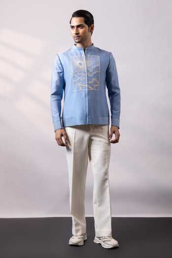 Shop Smriti By Anju Agarwal Blue Satin, Linen Sky Emblem Bomber Jacket And Pant Set Online at Aza Fashions Shop_Smriti By Anju Agarwal_Blue Satin, Linen Sky Emblem Bomber Jacket And Pant Set _Online_at_Aza_Fashions