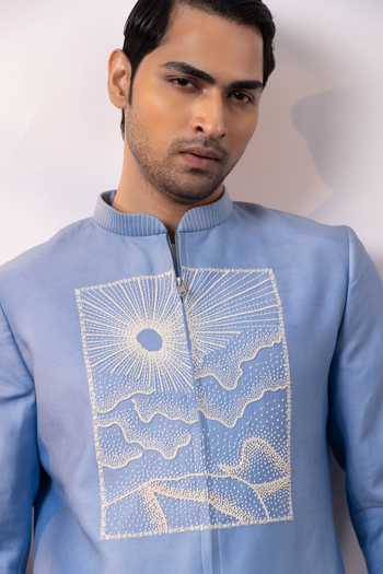 Smriti By Anju Agarwal Blue Satin, Linen Sky Emblem Bomber Jacket And Pant Set at Aza Fashions Smriti By Anju Agarwal_Blue Satin, Linen Sky Emblem Bomber Jacket And Pant Set _at_Aza_Fashions