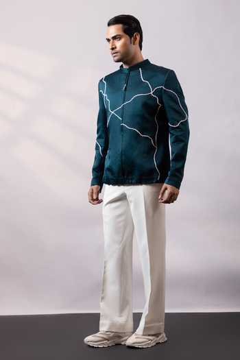 Shop Smriti By Anju Agarwal Teal Satin, Linen Vein Embroidered Jacket And Pant Set Online at Aza Fashions Shop_Smriti By Anju Agarwal_Teal Satin, Linen Vein Embroidered Jacket And Pant Set _Online_at_Aza_Fashions
