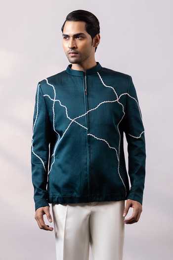 Smriti By Anju Agarwal Teal Satin, Linen Vein Embroidered Jacket And Pant Set at Aza Fashions Smriti By Anju Agarwal_Teal Satin, Linen Vein Embroidered Jacket And Pant Set _at_Aza_Fashions