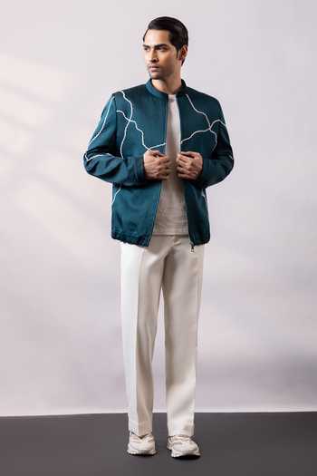 Buy Smriti By Anju Agarwal Teal Satin, Linen Vein Embroidered Jacket And Pant Set Buy_Smriti By Anju Agarwal_Teal Satin, Linen Vein Embroidered Jacket And Pant Set
