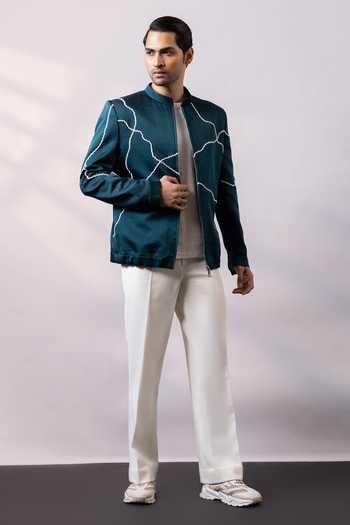 Smriti By Anju Agarwal Teal Vein Embroidered Jacket & Pant Set