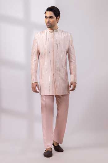 Shop Smriti By Anju Agarwal Pink Satin, Linen Sequins Soft Royal Embroidered Bandhgala Set Online at Aza Fashions Shop_Smriti By Anju Agarwal_Pink Satin, Linen Sequins Soft Royal Embroidered Bandhgala Set _Online_at_Aza_Fashions