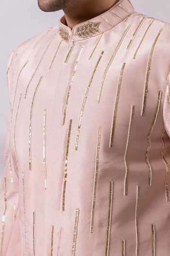 Buy Smriti By Anju Agarwal Pink Satin, Linen Sequins Soft Royal Embroidered Bandhgala Set Buy_Smriti By Anju Agarwal_Pink Satin, Linen Sequins Soft Royal Embroidered Bandhgala Set