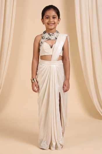 Rirasa Shimmer Slit Pre-Draped Saree With Blouse For Kids