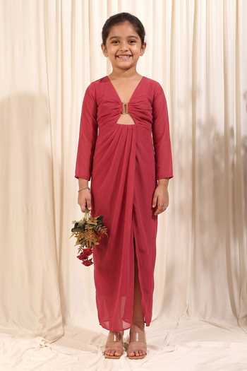 Rirasa Salvia Solid Draped Slit Dress For Kids