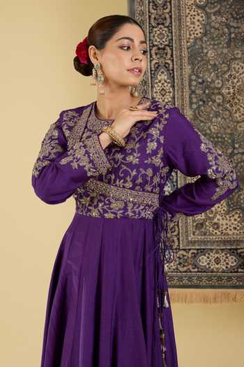 Buy_BAIDEHI_Purple Silk, Organza Round Neck Embroidered Yoke Anarkali And Dupatta Set _Online_at_Aza_Fashions